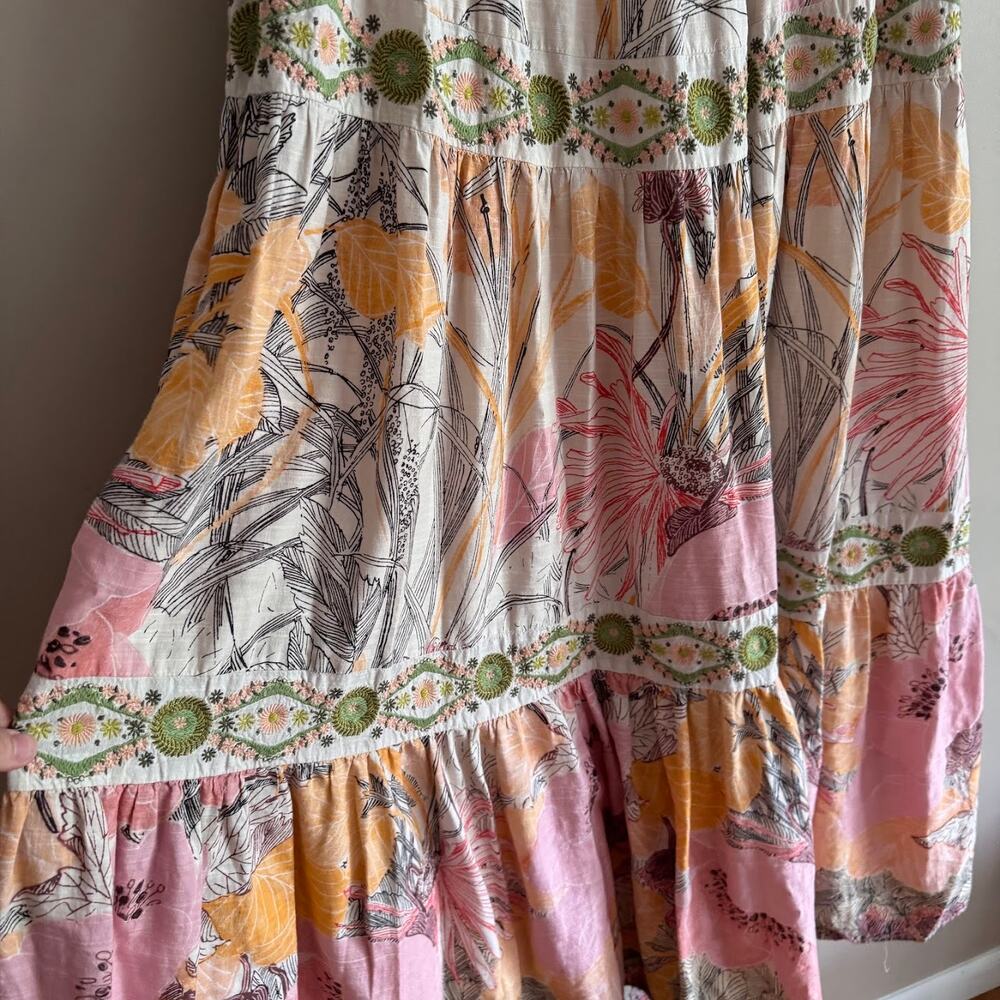 By Anthropologie Embroidered Square-Neck Floral Tiered Maxi Dress Beaded Boho L - Picture 5 of 10